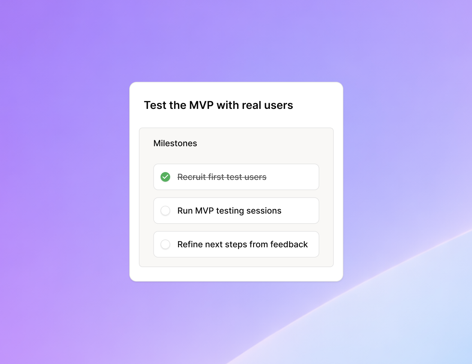 Kolibris interface showing execution plan with milestones